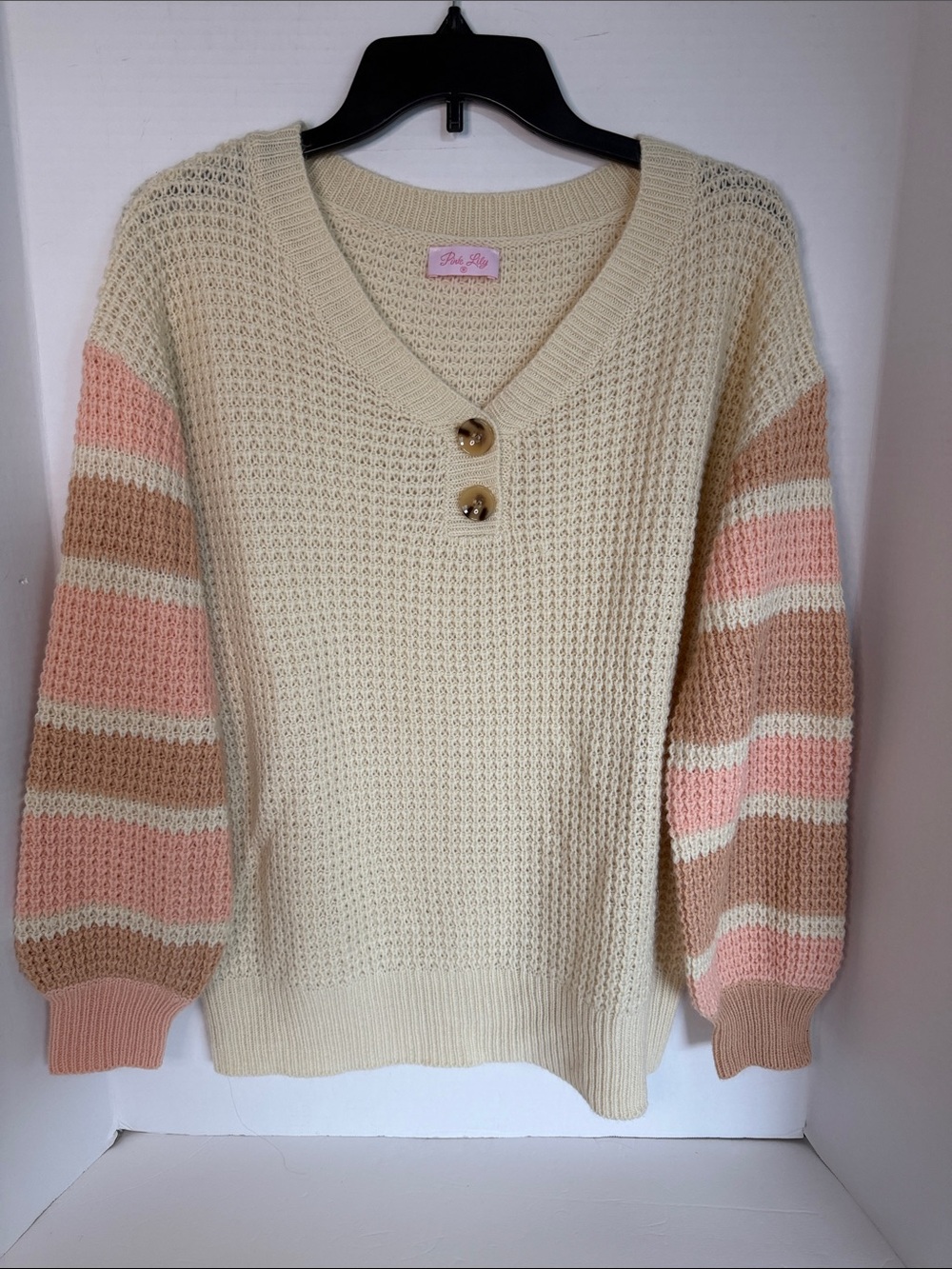 Pink Lily  boutique brand V-Neck Sweater with Pink & Tan Striped Sleeves size Me